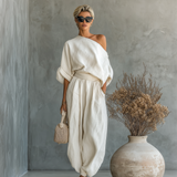 Ritva - Pellavapuku off-shoulder-housuilla